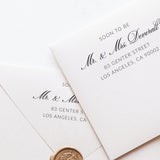 Modern custom wedding address stamp with the wording "soon to be + couples' names and address"