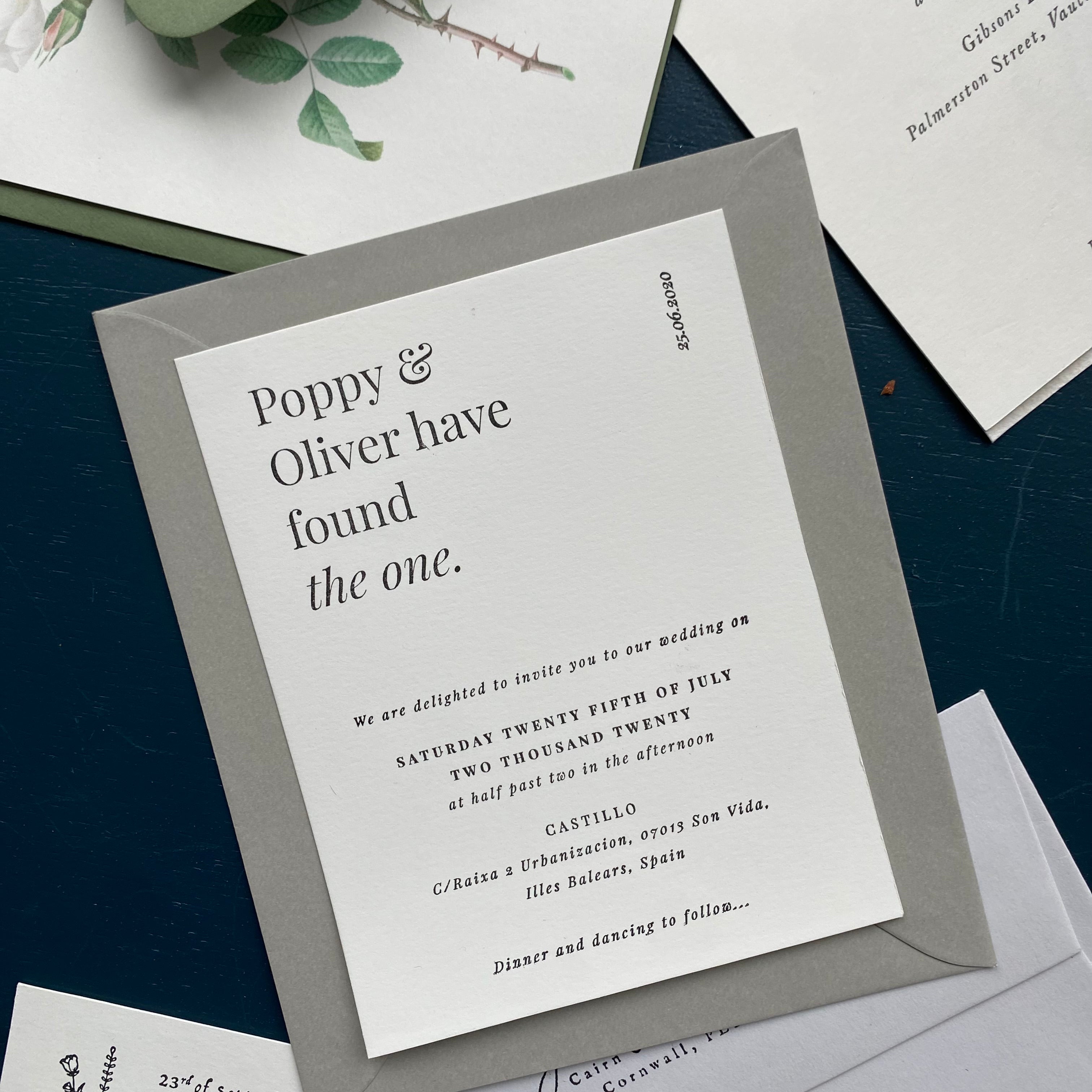 Modern Wedding Stationery Collection made by the impression of a custom rubber stamp