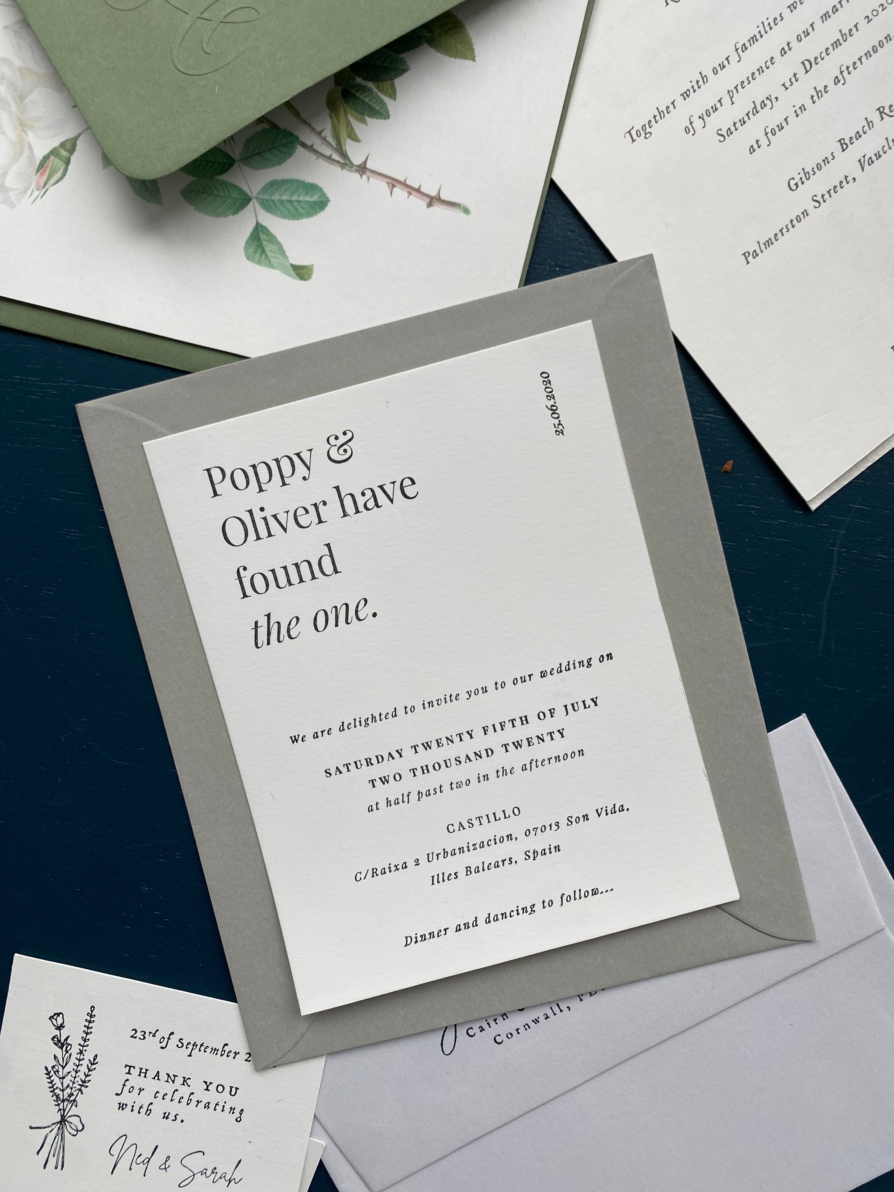 Modern Wedding Stationery Collection made by the impression of a custom rubber stamp