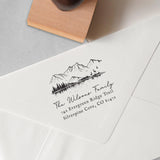 Mountain Lake Address Stamp with personalised address details stamped onto an envelope