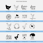 Selection of personalised egg box stamp designs with chicken, duck and farm text options for custom rubber stamps