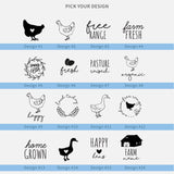 Selection of personalised egg box stamp designs with chicken, duck and farm text options for custom rubber stamps