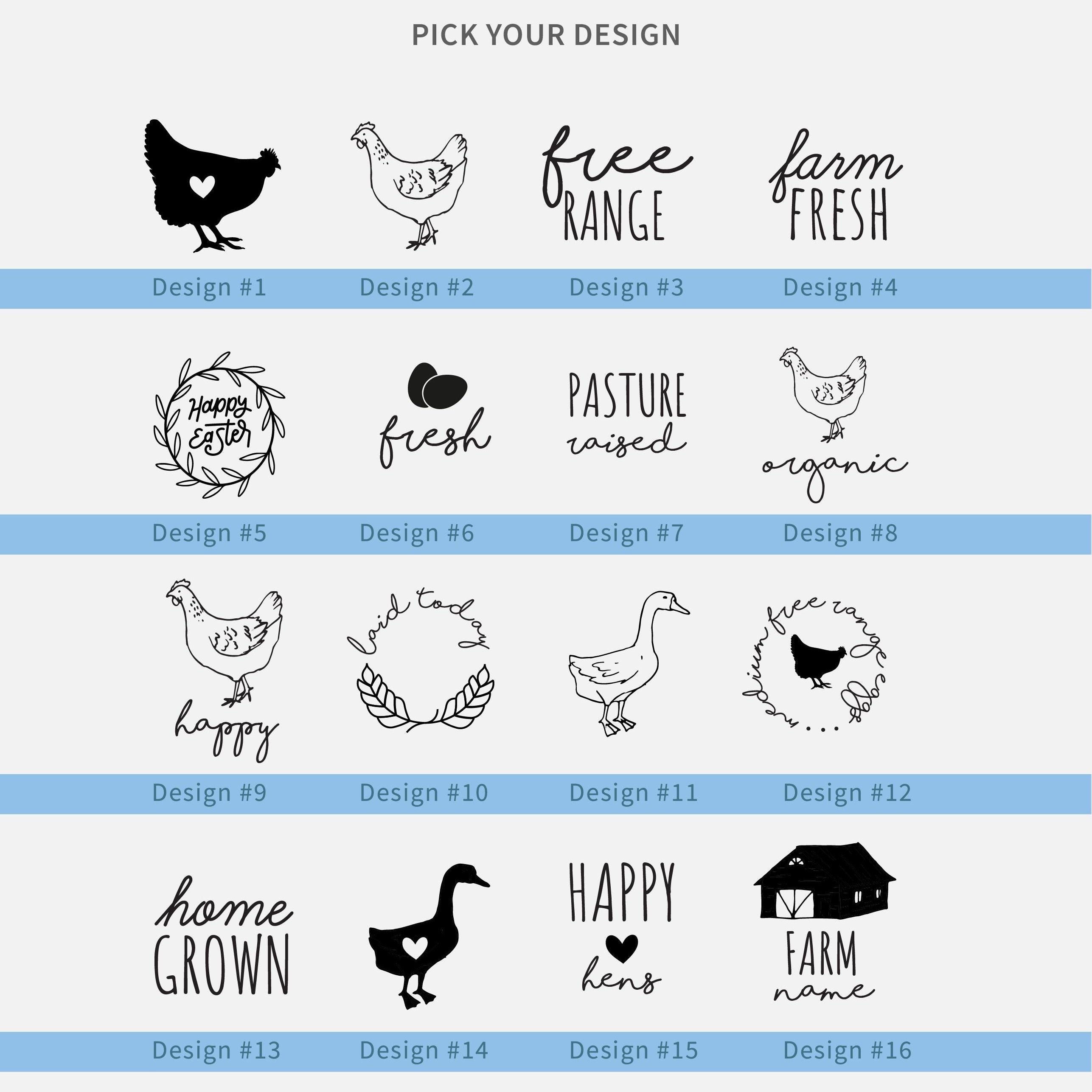 Selection of personalised egg box stamp designs with chicken, duck and farm text options for custom rubber stamps
