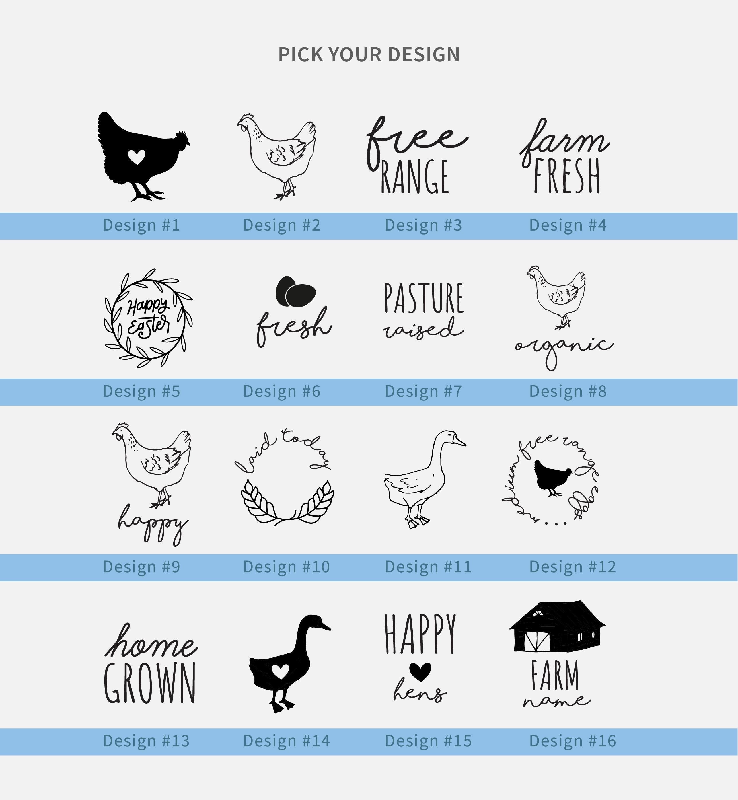 Selection of personalised egg box stamp designs with chicken, duck and farm text options for custom rubber stamps