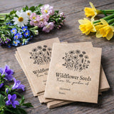 Personalised wildflower seed packet rubber stamp on kraft envelopes with botanical wildflower illustration and custom text