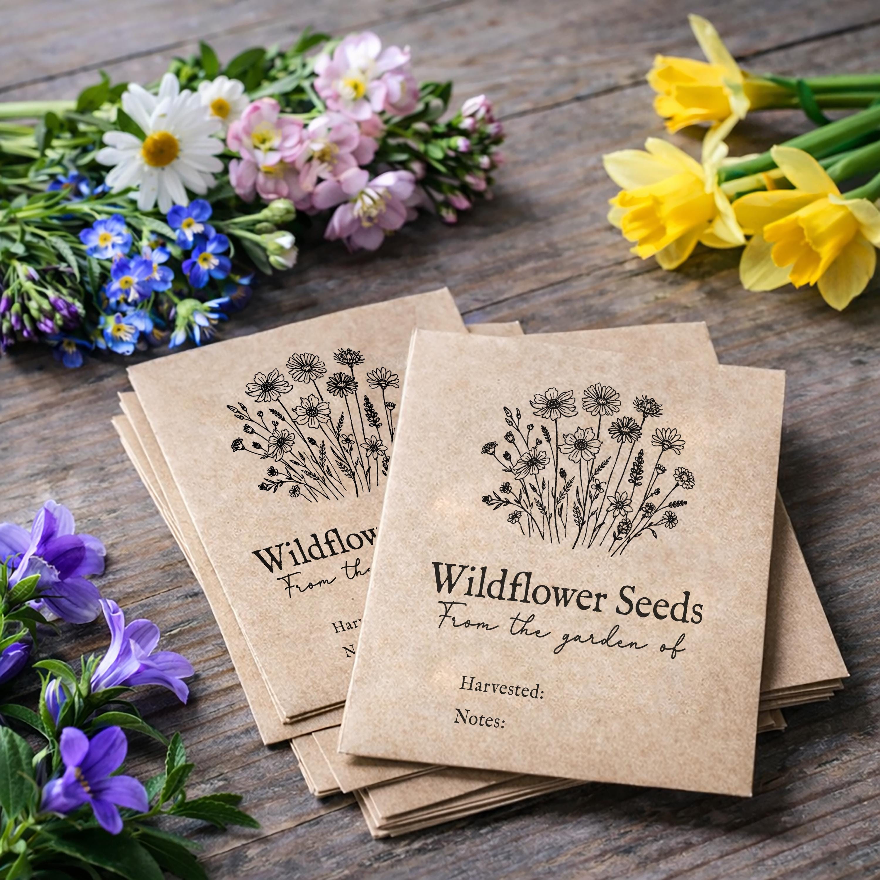 Personalised wildflower seed packet rubber stamp on kraft envelopes with botanical wildflower illustration and custom text
