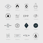 A collection of various custom ceramic stamp designs for pottery and ceramics, showcasing different shapes and logos.