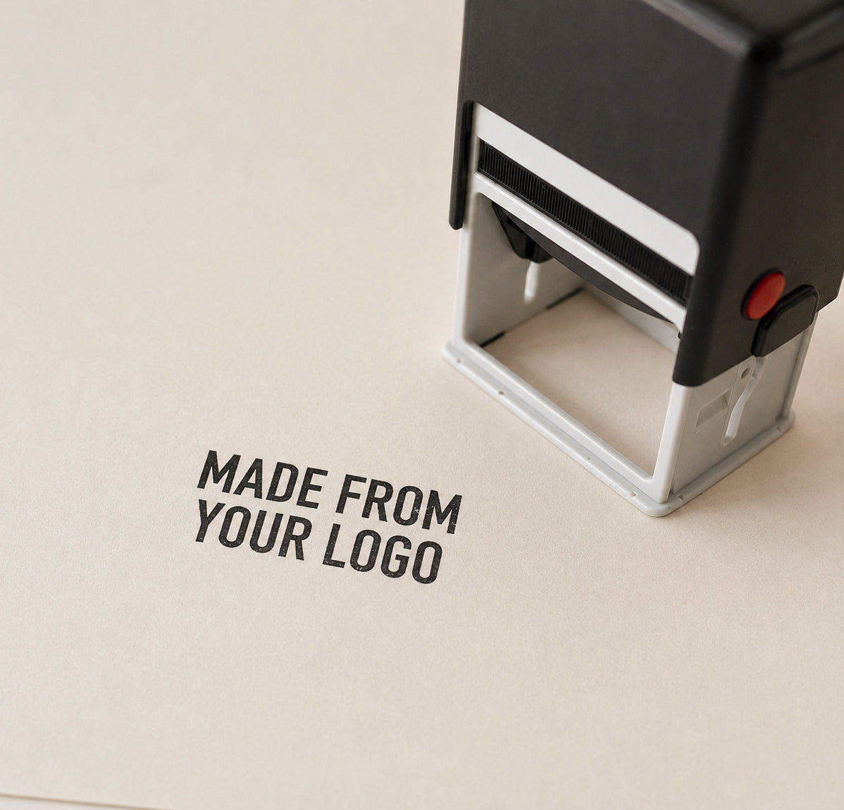Self-inking logo stamp with custom logo, available in round or rectangular shapes for easy and professional business branding.