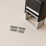 Self-inking logo stamp with custom logo, available in round or rectangular shapes for easy and professional business branding.