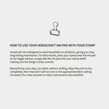 Instructions on using Versacraft ink pad with a stamp illustration on a white background