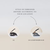 Pictureshowing different wedding embosser styles for US and UK/international customers, with side-by-side embosser images.