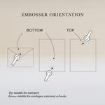 Picture showing top and bottom orientation options for a custom embosser, with examples for stationery, envelopes and books.