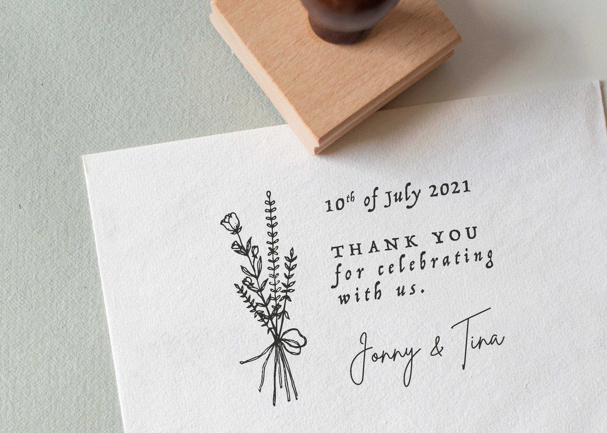 Flower Bouquet Wedding Stamp featuring the wording thank you for celebrating with us