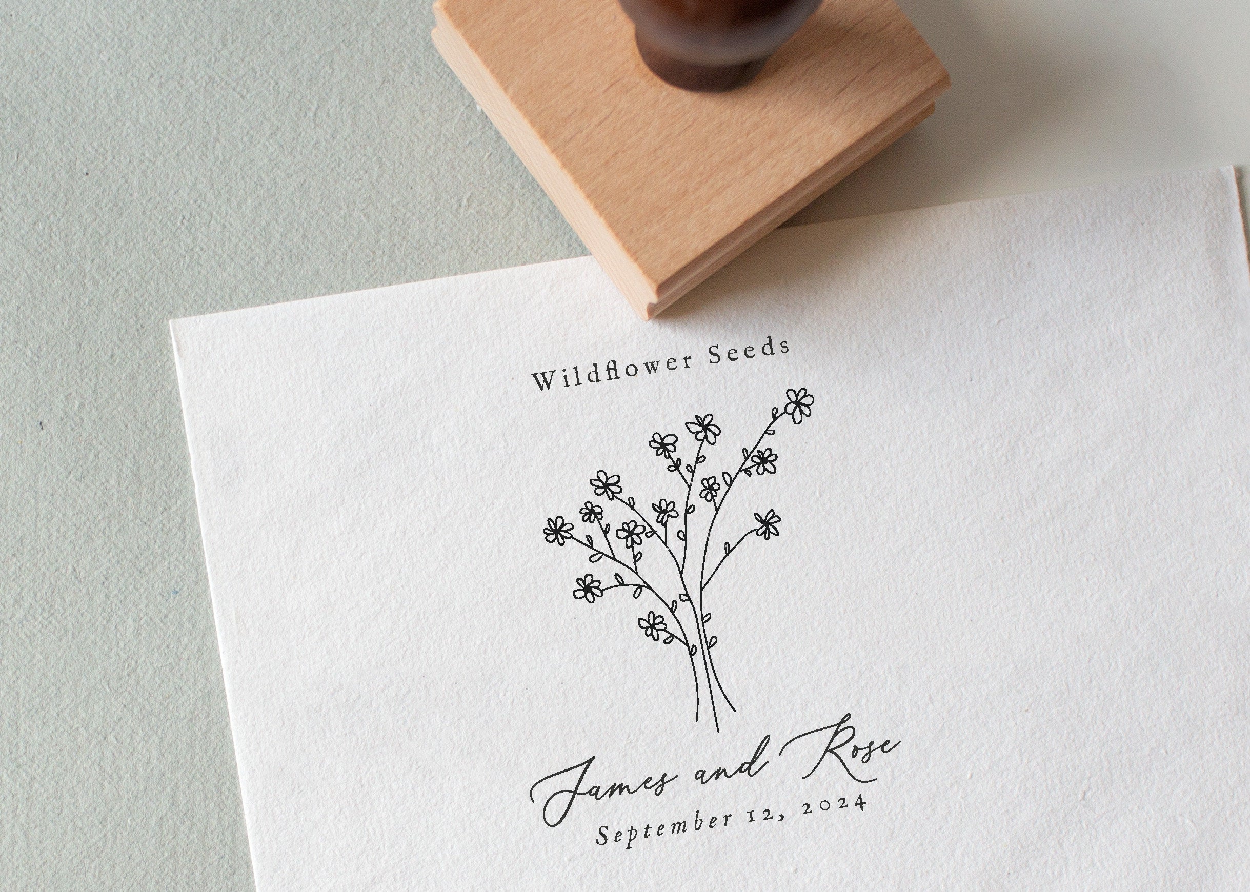 Wildflower Seed Packet Stamp, Custom Seed Packet Stamp, Custom Wedding Favor, Eco reclaimed Oak Stamp - About You Stationery 